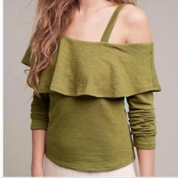 Anthropologie Postmark Olive Green Asymmetrical Shirt Top Ruffle Boho Size XL - Picture 1 of 13